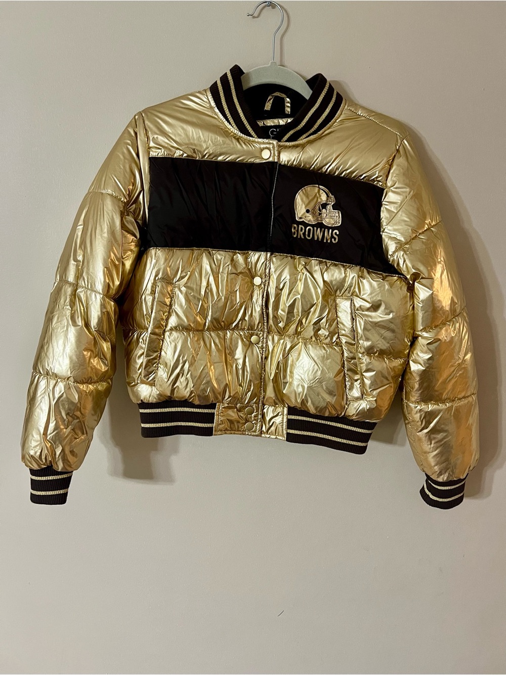 G-III 4 Her Cleveland Browns NFL metallic gold puffer cropped bomber jacket